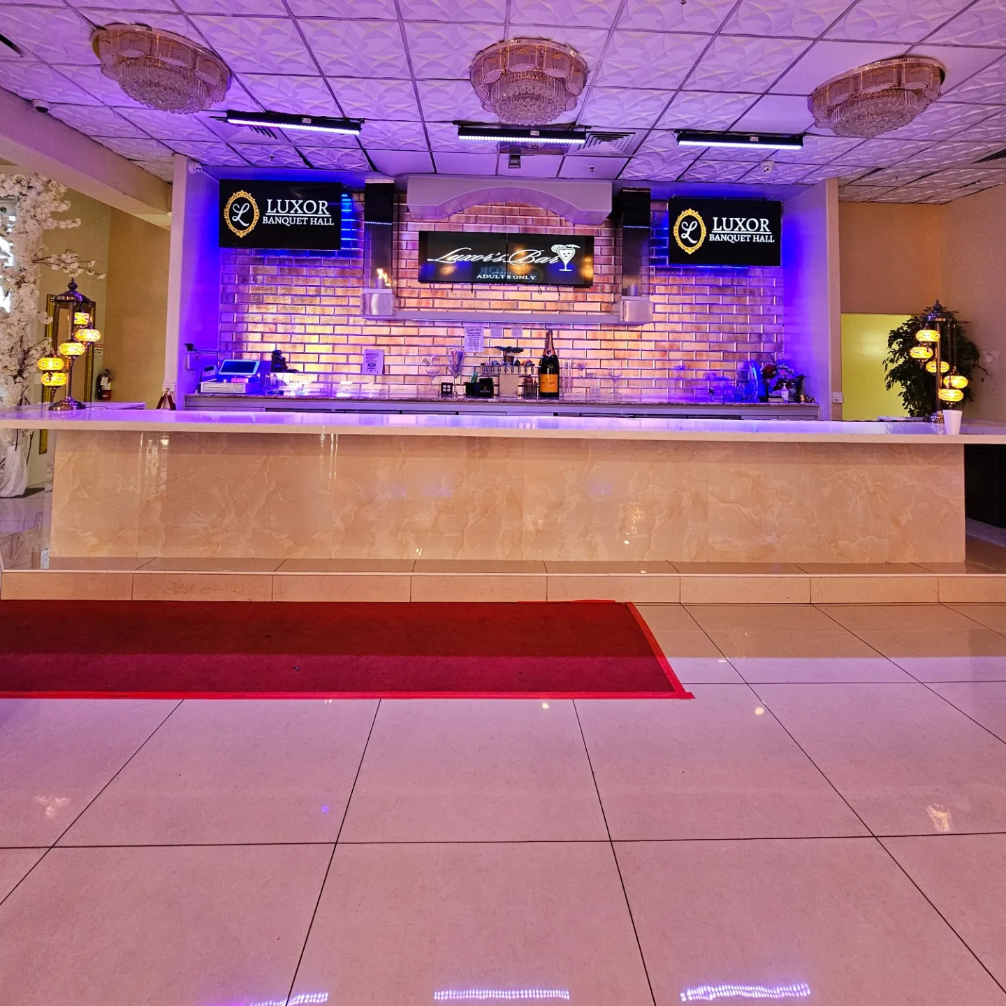 Luxor's Bar with marble counter and ambient lighting
